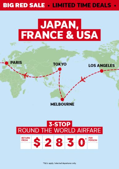 Japan, France & USA. 3-stop Round The World Airfare return from $2830* per person