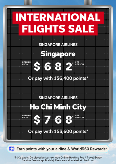 International flights sale with Singapore Airlines return flights to Singapore from 682 and Ho Chi Minh City from 768 per person