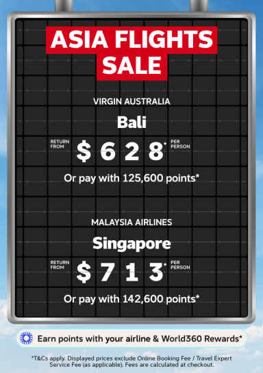 Aircraft tail against airport backdrop for Flight Centre Asia flights sale featuring return flights from Bali $628 and Singapore $713