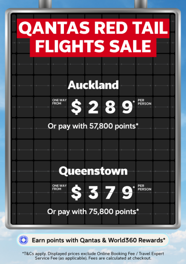 Airport-style flip board featuring Qantas Red Tail Flights Sale with one-way flights to Auckland from $289 and Queenstown from $379 per person