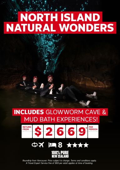 North Island Natural Wonders - Includes Glowworm Cave & mud bath experiences! 8-nights return from $2669* per person