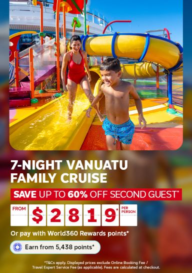 Mother and son laughing on a yellow waterslide aboard a cruise ship for a 7-night Vanuatu family cruise saving 60 percent off second guest from 2819