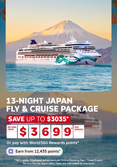 Cruise ship sailing past snow capped Mount Fuji at sunset for a 13-night Japan fly and cruise package saving up to 3035 from 3699 per person
