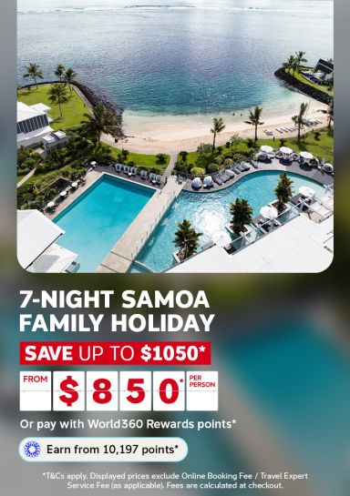 Aerial view of a beachfront resort with pools overlooking a tranquil bay for a 7-night Samoa family holiday saving up to 1050 from 850 per person