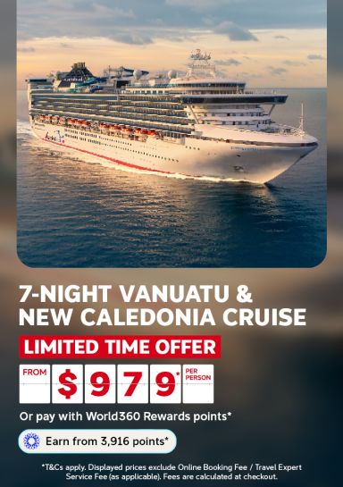 Cruise ship sailing at sunset for a 7-night Vanuatu and New Caledonia cruise limited time offer from 979 per person