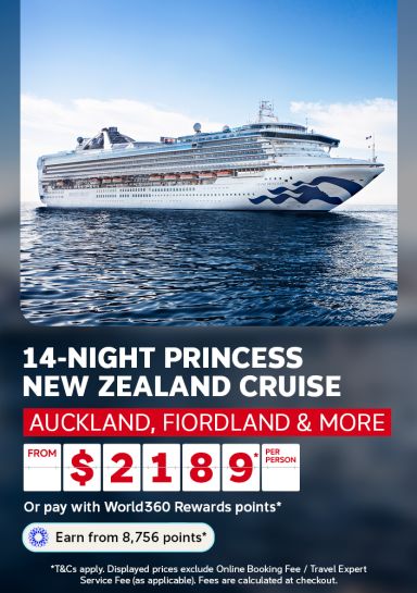 Cruise ship sailing calm waters for a 14-night Princess New Zealand cruise visiting Auckland and Fiordland from 2189 per person
