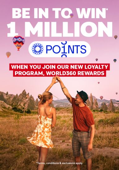 Be in to win 1 million points when you join our new loyalty program, World360 rewards | *Terms, conditions & exclusions apply | couple dancing in a field filled with spiky rocks
