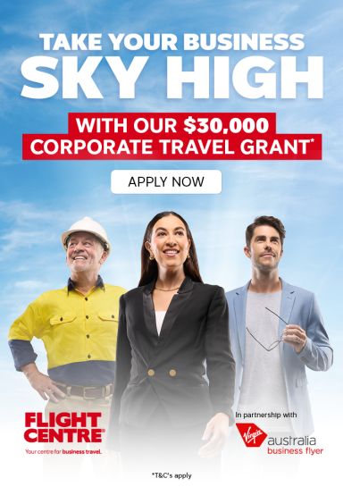 Take your business sky high with our $30,000 corporate travel grant - apply now | Three people standing in the clouds - a businesswoman, a builder and a man in business casual