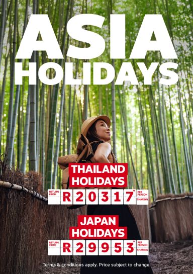 Traveller with a backpack walking through a lush bamboo forest featuring Asia Holidays with Thailand holidays from R20317 and Japan holidays from R29953