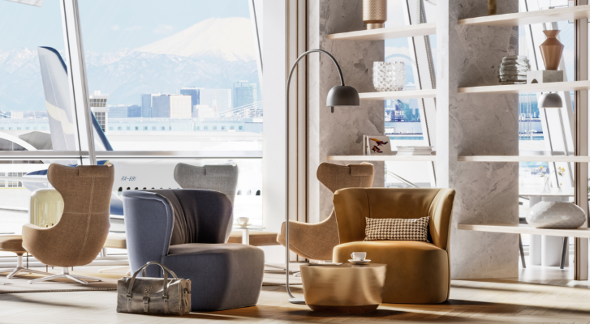 A comfortable looking airport with planes in the background