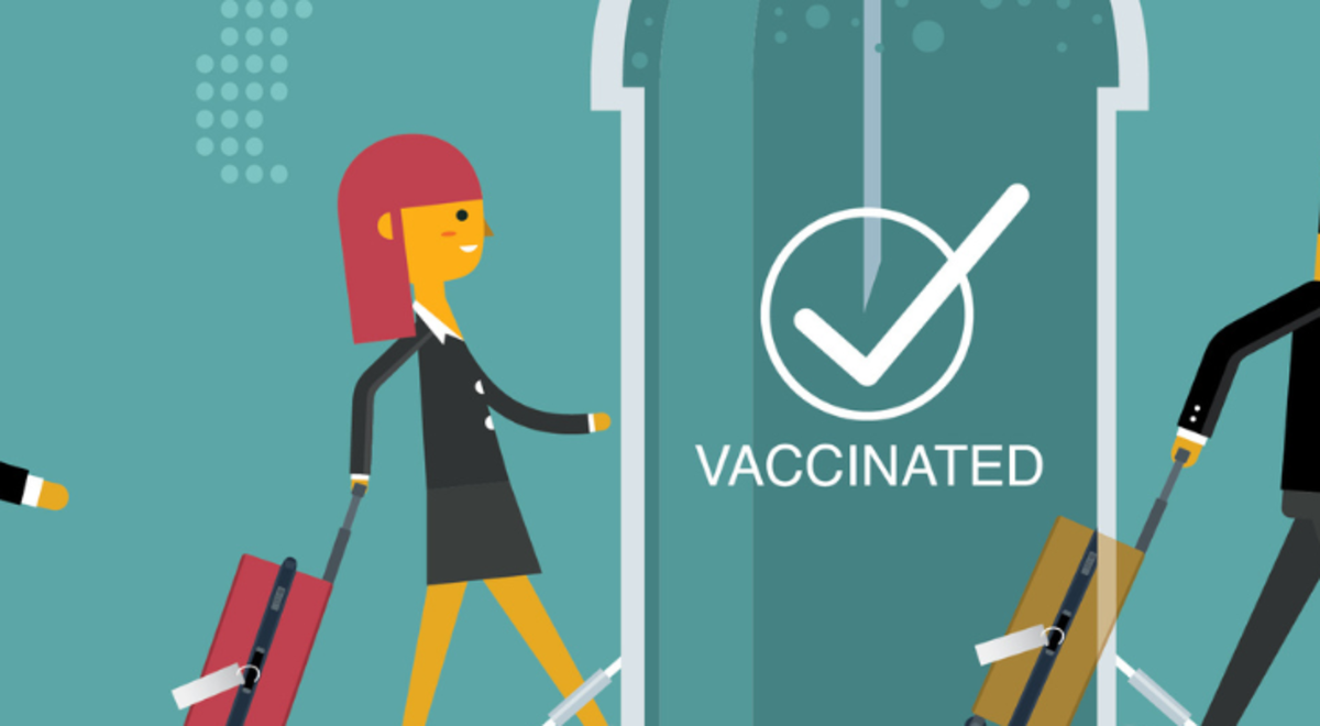 Avatar passengers walk through a "vaccinated" screen with suitcases