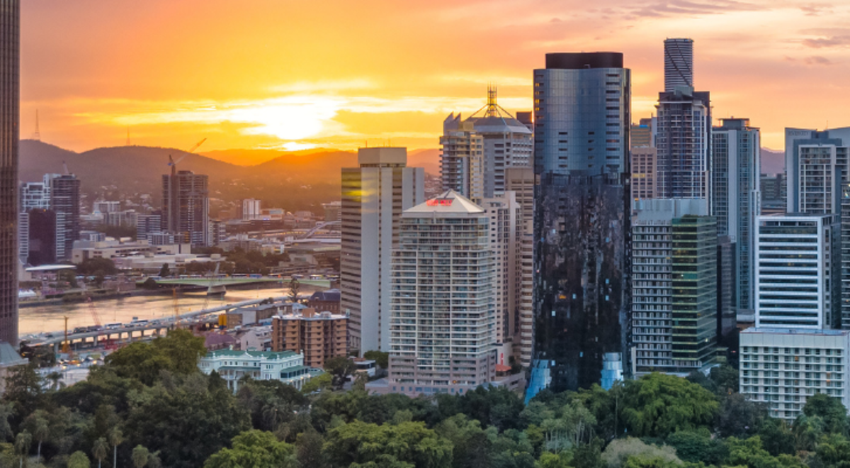 Brisbane city skyline at sunset 