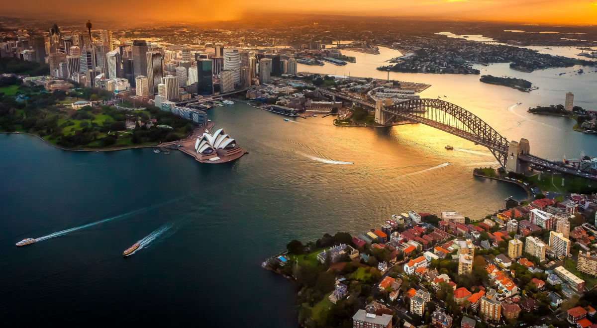 Aerial view of Sydney Harbour and Opera House