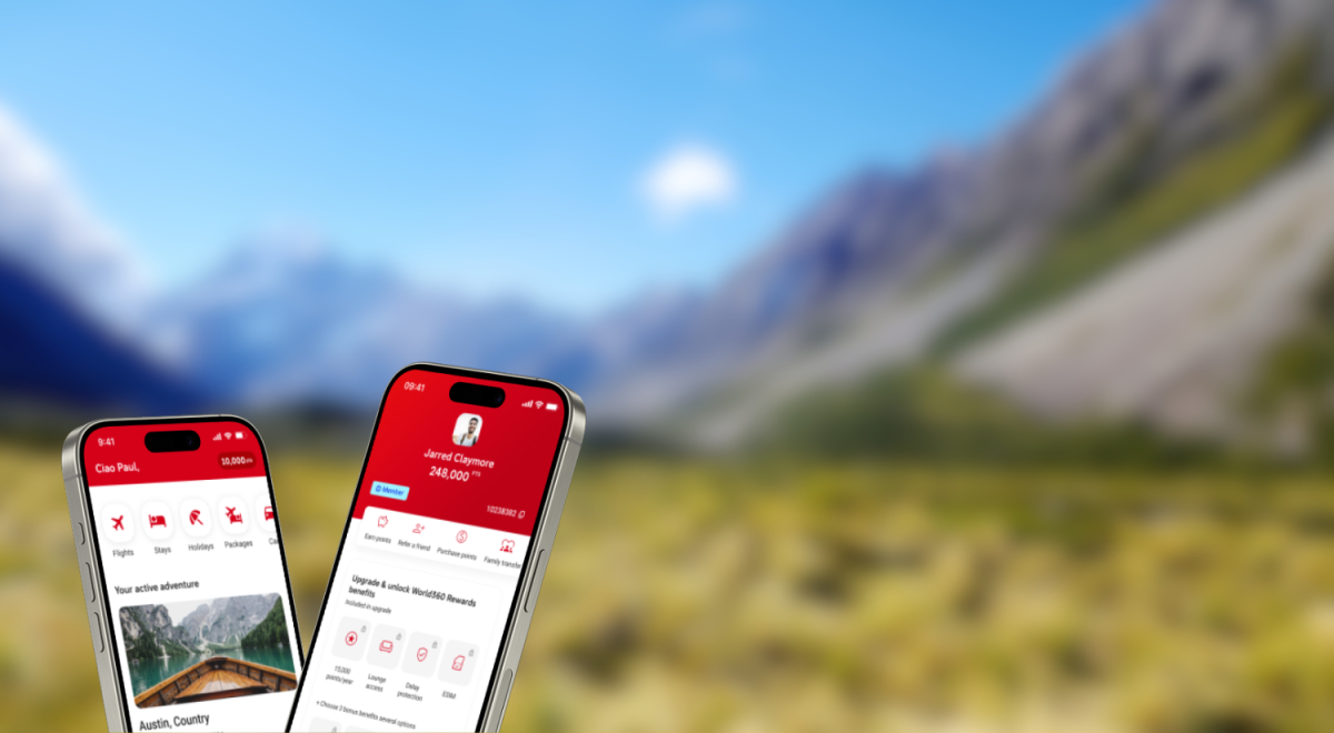 Two mobile phones showing sample views of the Flight Centre app with Mt Cook, NZ in the background