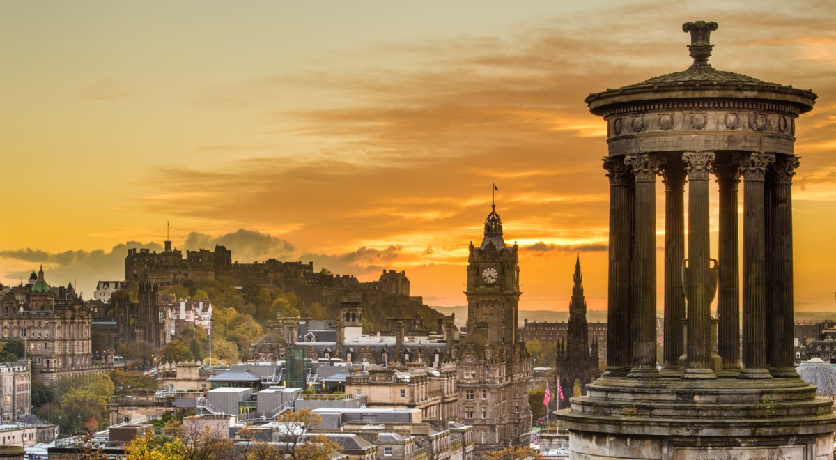 Overlooking the Edinburgh cityscape as the sun sets