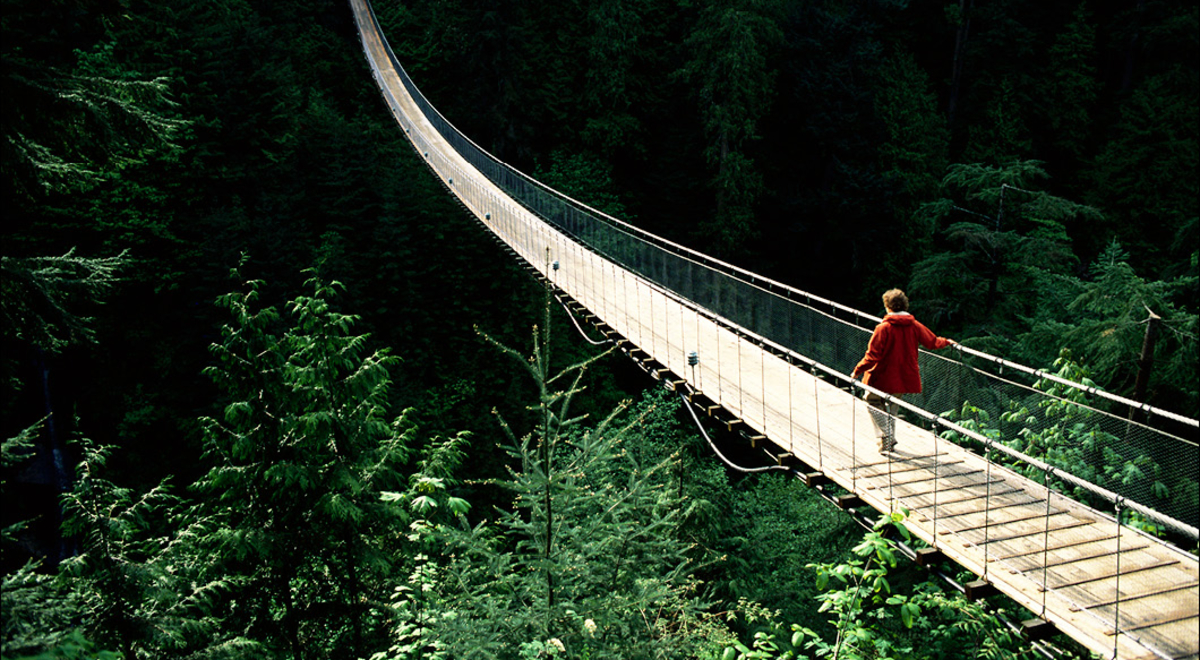 A person walking across Capilano Suspension Bridge in North Vancouver