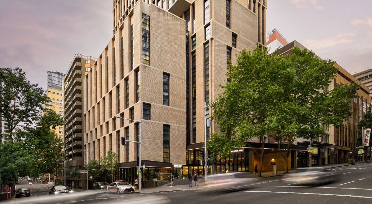 Street view of the towering Crowne Plaza in Sydney