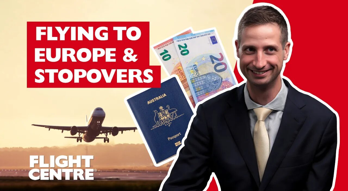 Man sitting down next to cash money and passport with plane in background