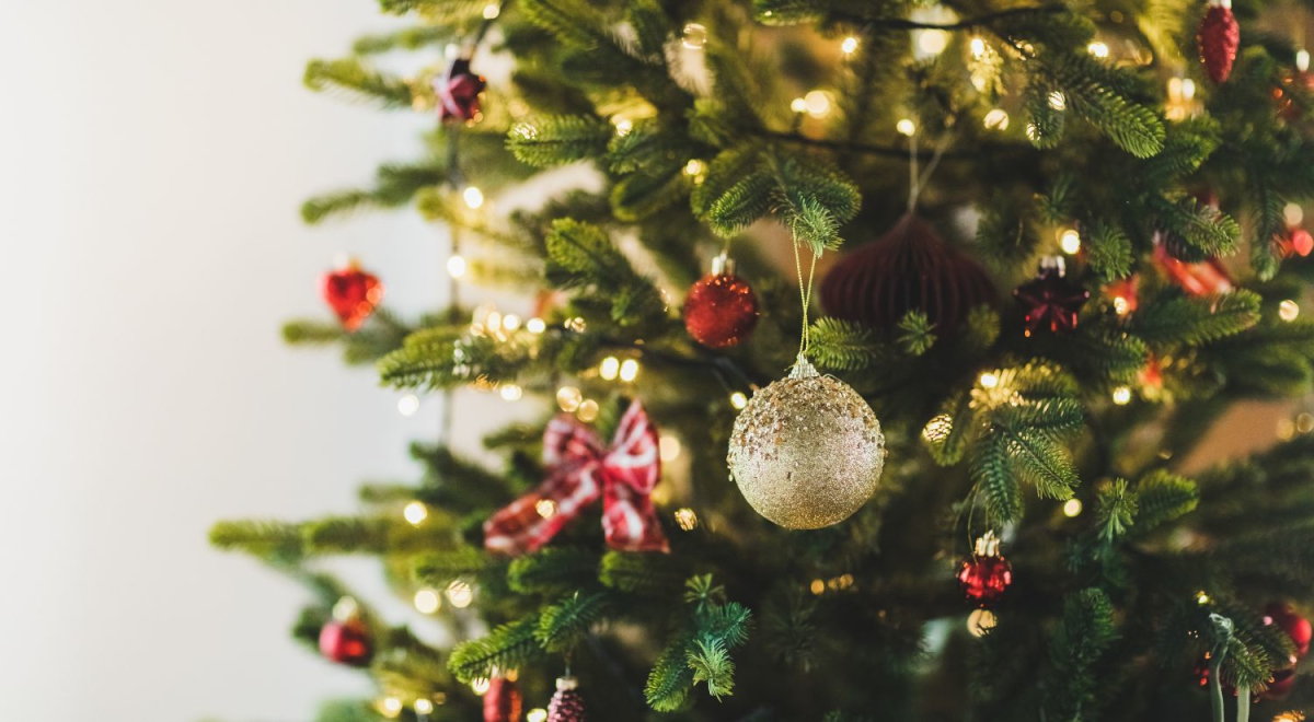 Baubles and lights hanging on a Christmas tree