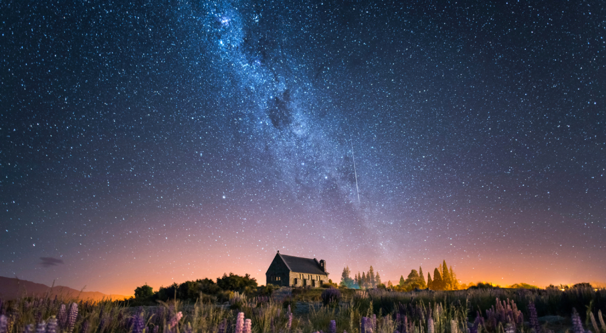 Night sky over Lake Tekapo and Church of The Good Shepherd