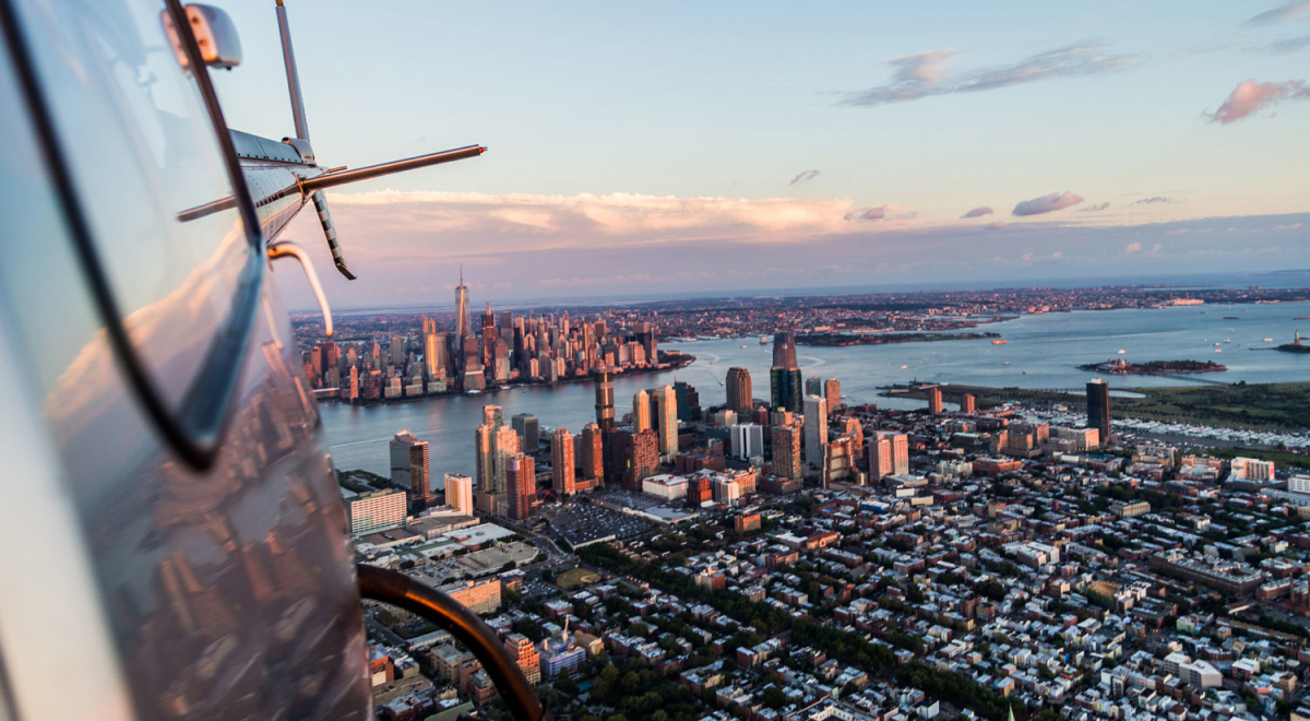 Flying away from Manhattan over to landing site, looking back is the magnificent skyline of Manhattan, New York
