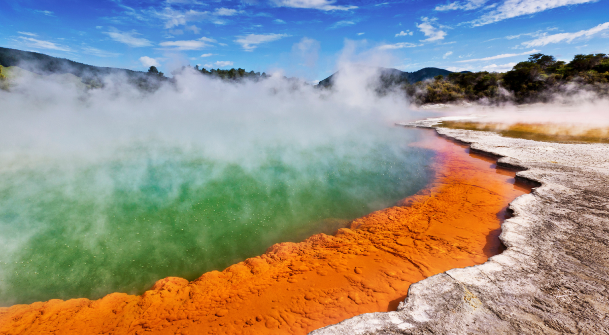 The vibrant colours, bubbles and steam of Champagne Pool in the geothermal area of Rotorua