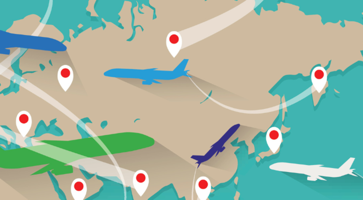 A map of the world with planes and markers illustrating stopover flights