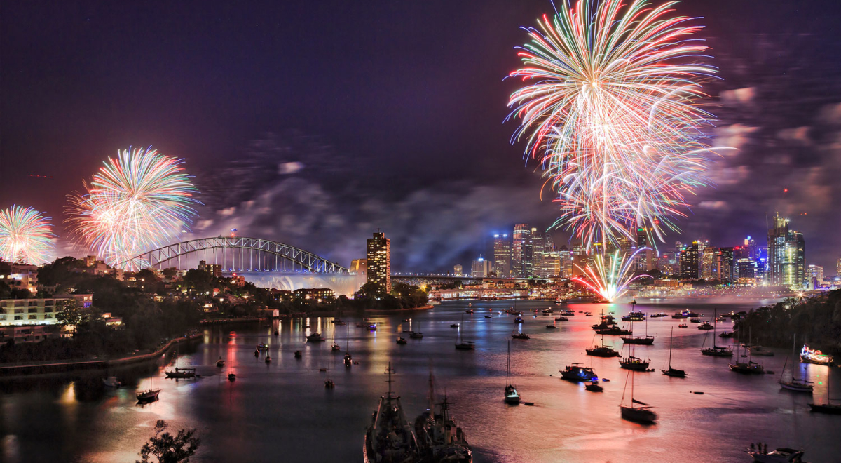 Sydney New Year eve fireworks over Harbour with bridge and city CBD buildings reflecting colourful fire balls in blurred water.