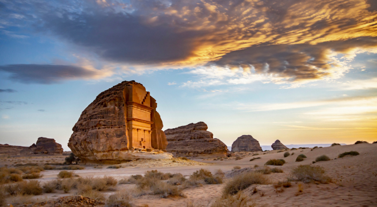 Large rock formation in middle of desert