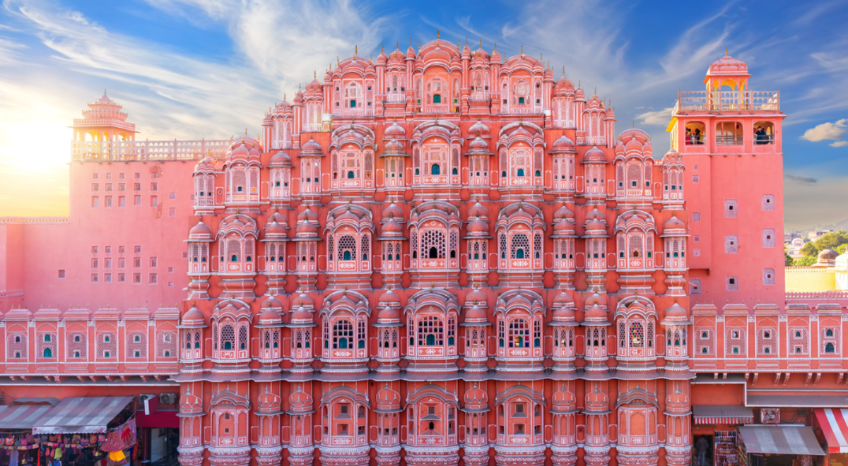 big pink building with lots of windows