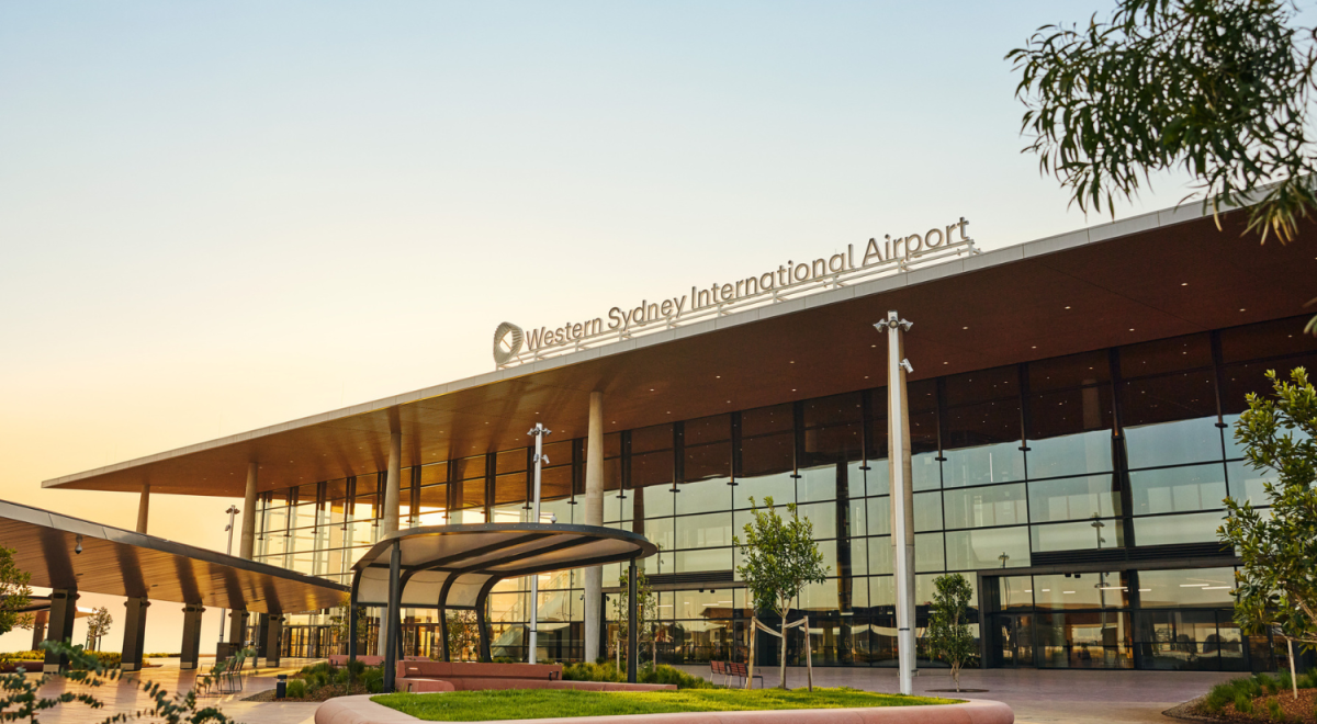 The newly built Western Sydney International Airport terminal building at sunrise