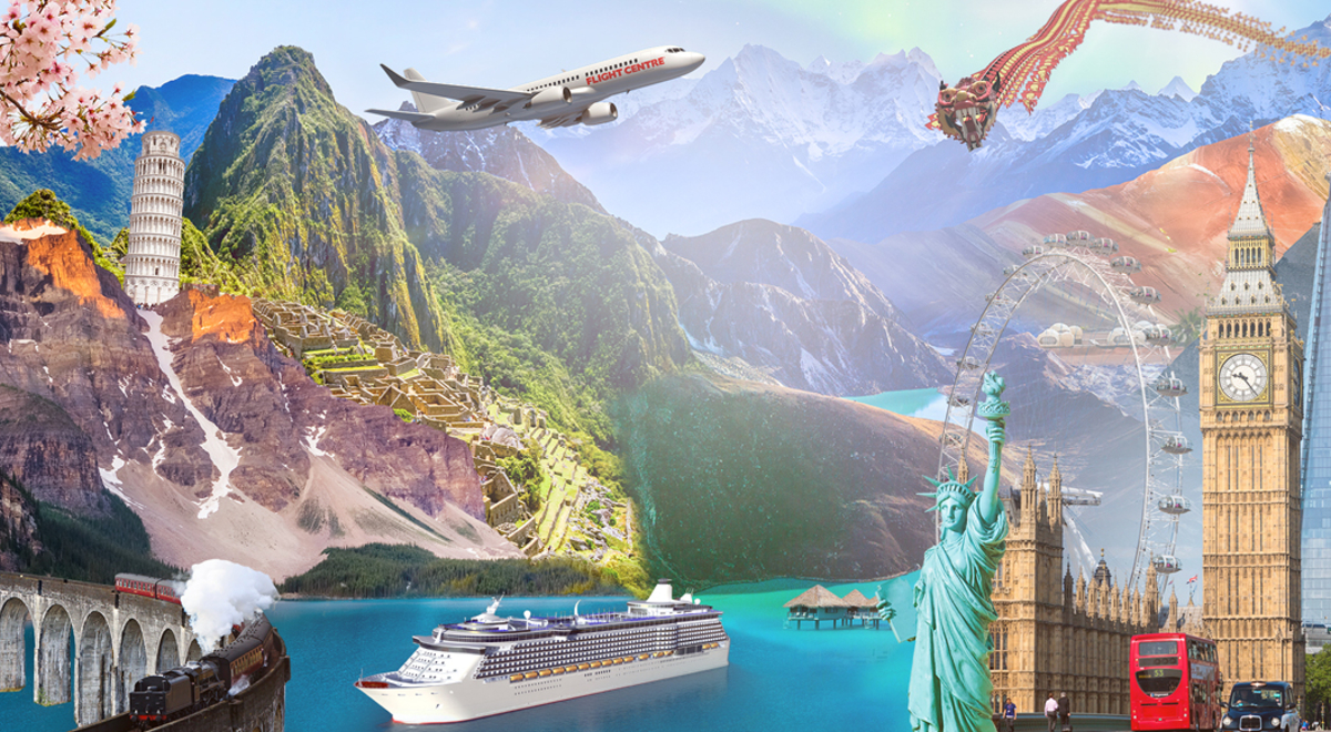Collage of iconic travel destinations including Big Ben, the Statue of Liberty an the Leaning Tower of Pisa