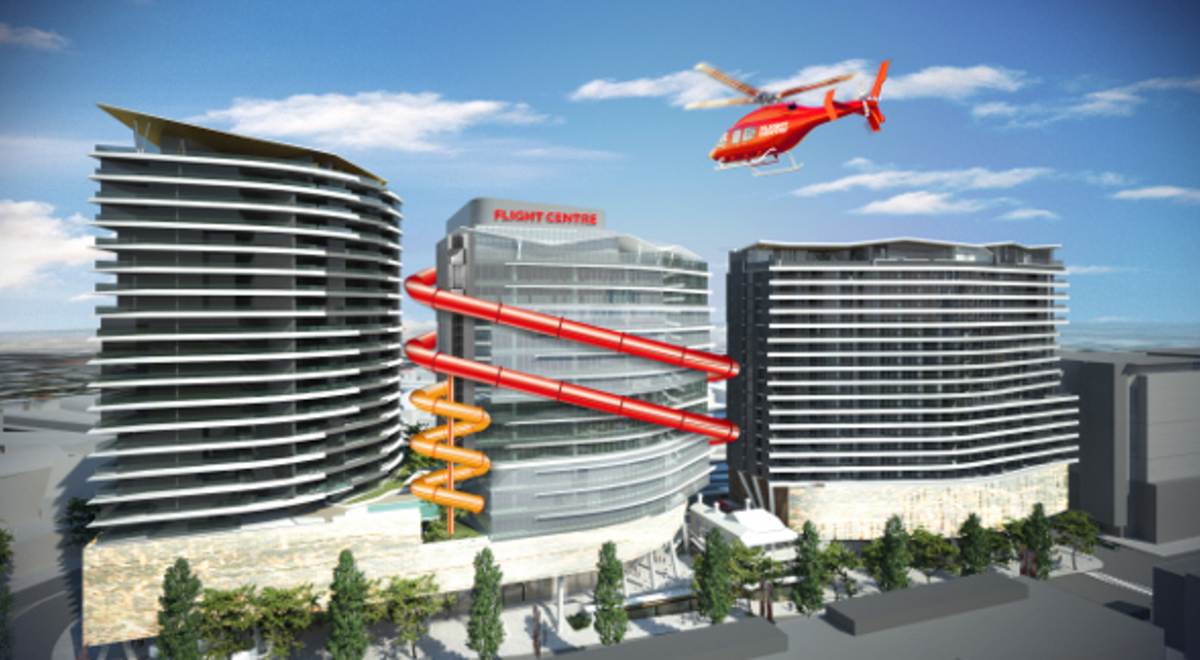an illustration of Flight Center's office with are red and yellow external slide and a red plane flying towards it