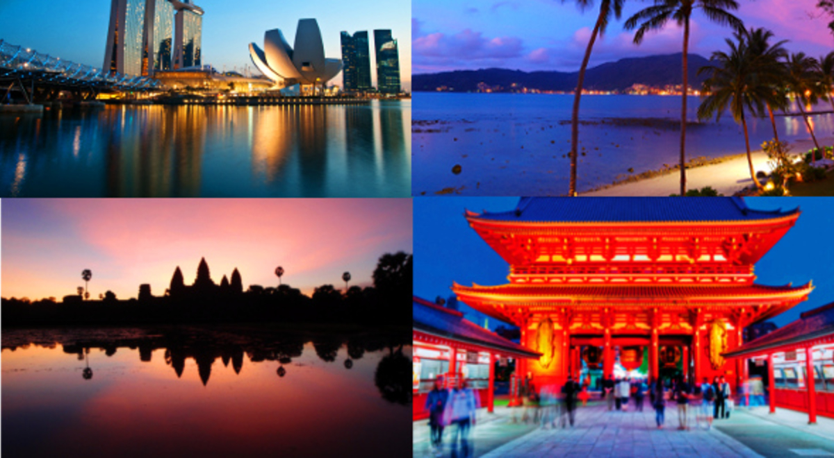 Photo collage of famous tourist attractions in Asia