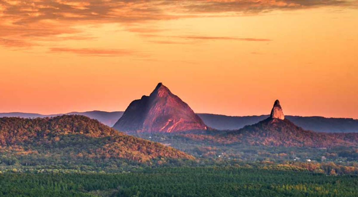 Glasshouse Mountains, Sunshine Coast Hinterland during sunset