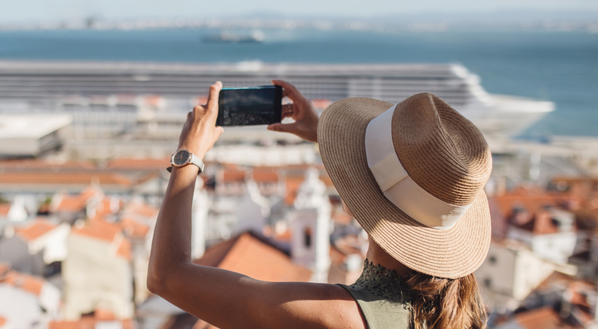 Cruise in the town of Split taking a photo of the old town from above. Cruise ship in the background