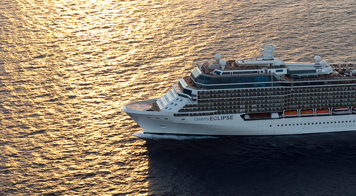 aerial view of Celebrity Eclipse cruise ship venturing out in the middle of the ocean
