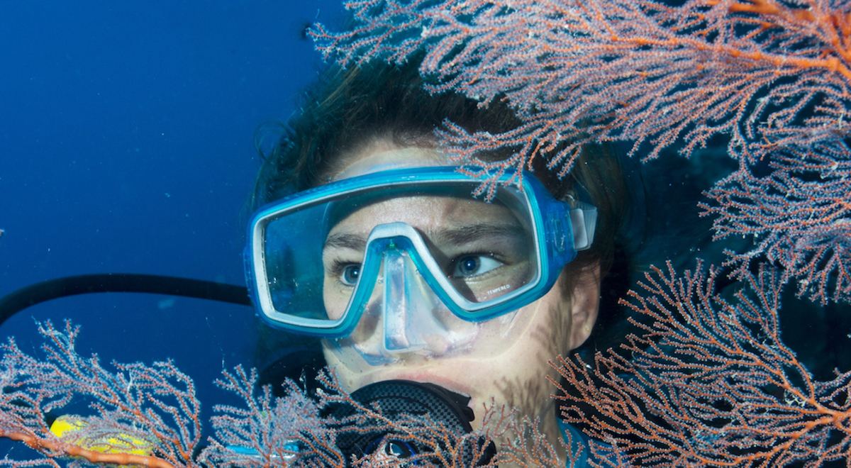 Lady exploring underwater equipped with diving gear