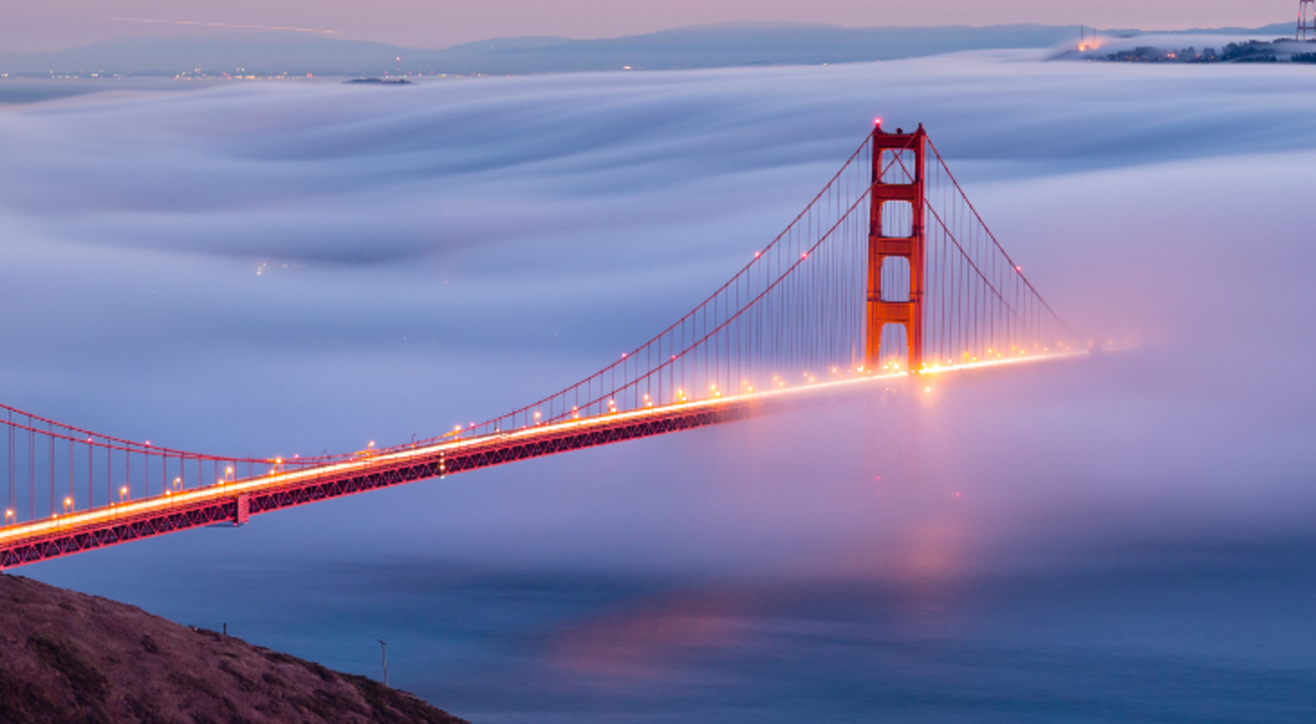 side aerial view of the Golden Gate Bridge, San Francisco.