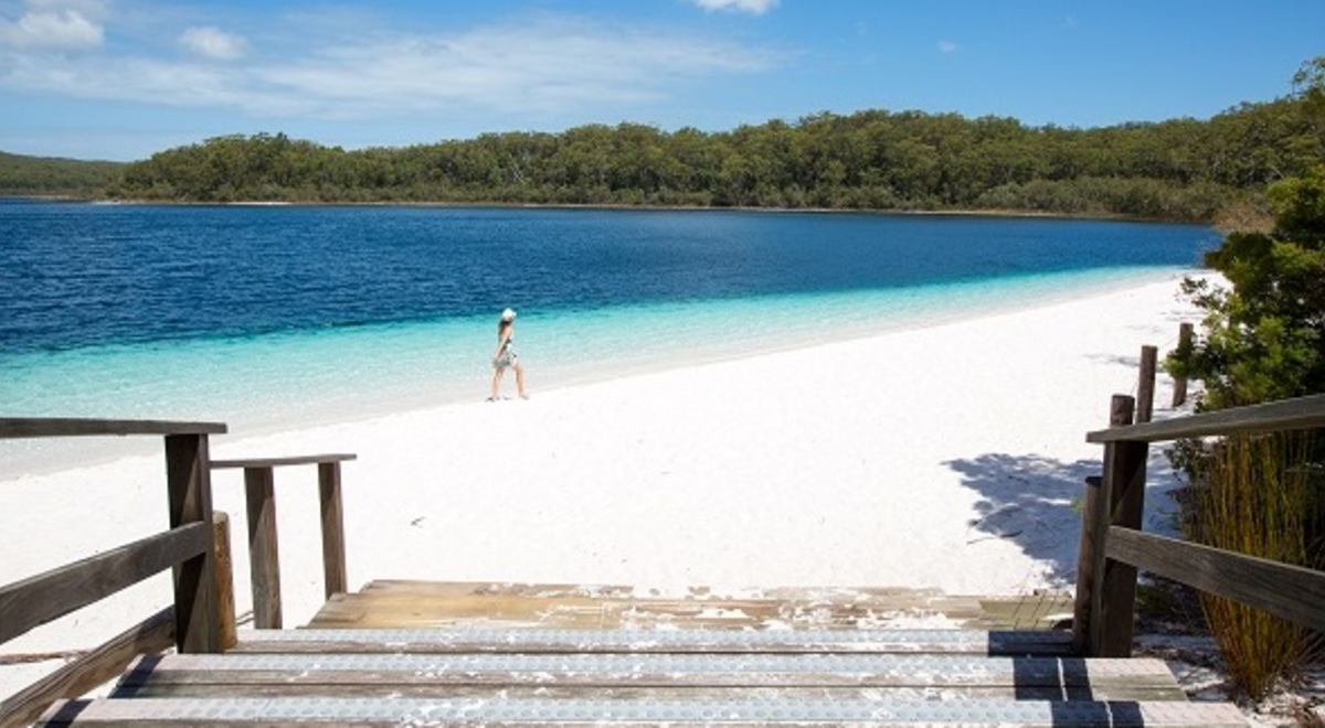 Wooden stairs down to the white beach and Lake McKenzie