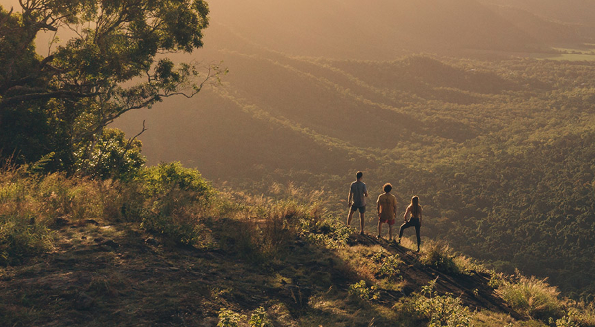 Three people on top of a green mountain admiring the scenic beach view 