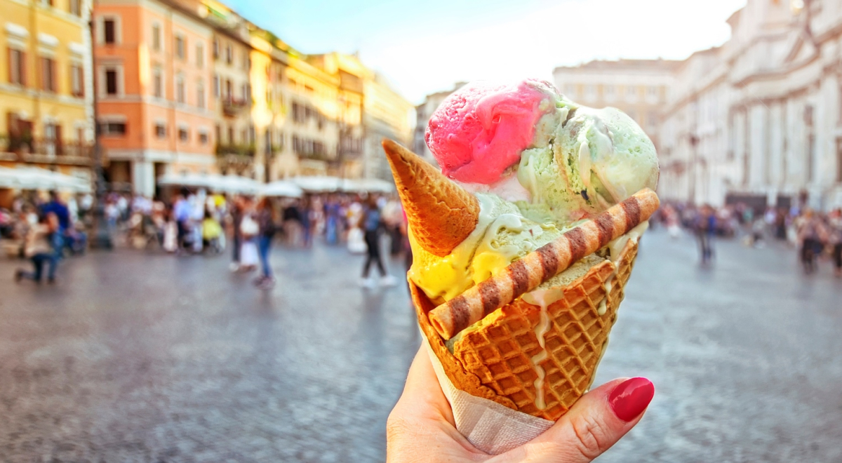 a colorful gelato in the middle of the streets of Rome