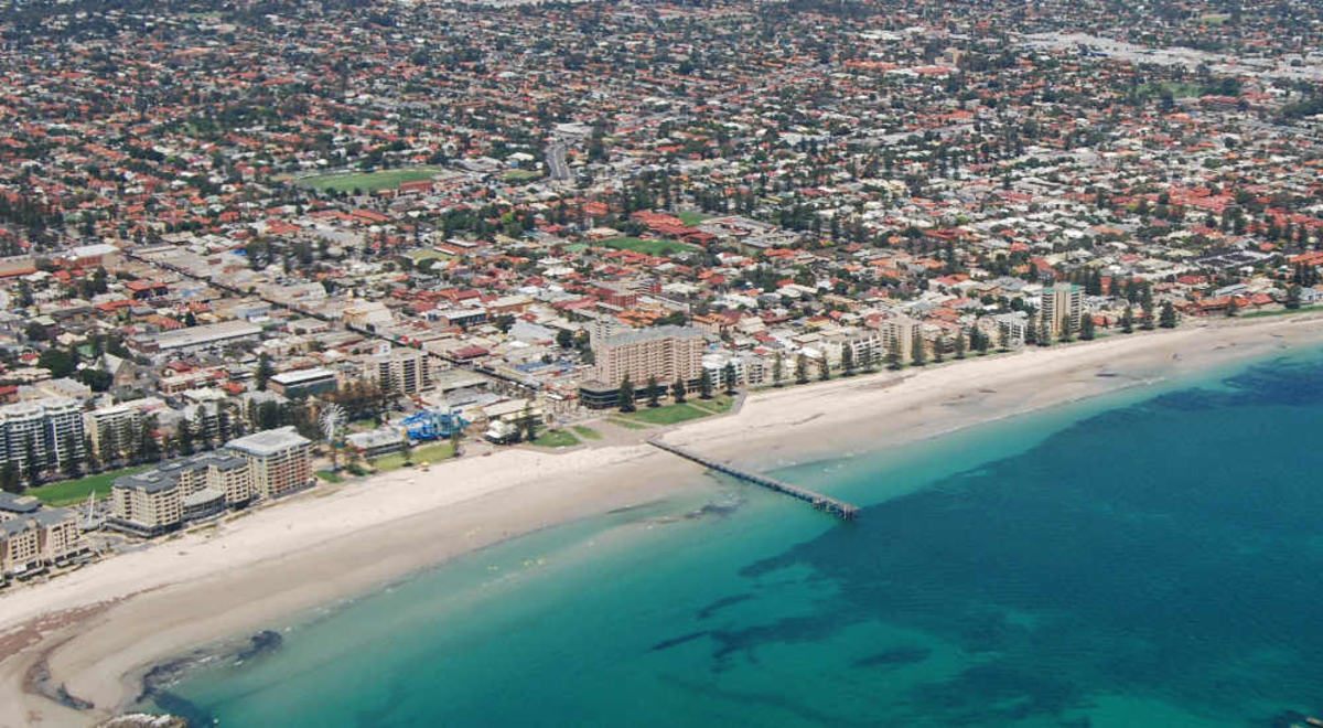 Aerial photo captures a scenic view of Adelaide, South Australia.