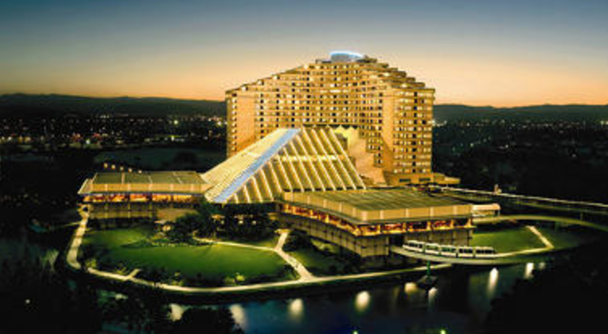 Luxurious casino with lights during the sunset