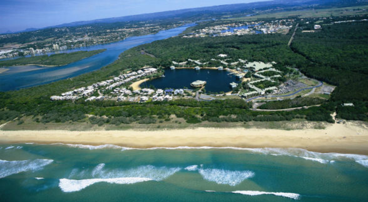 Aerial view of the Novotel and surrounding beach at Twin Waters