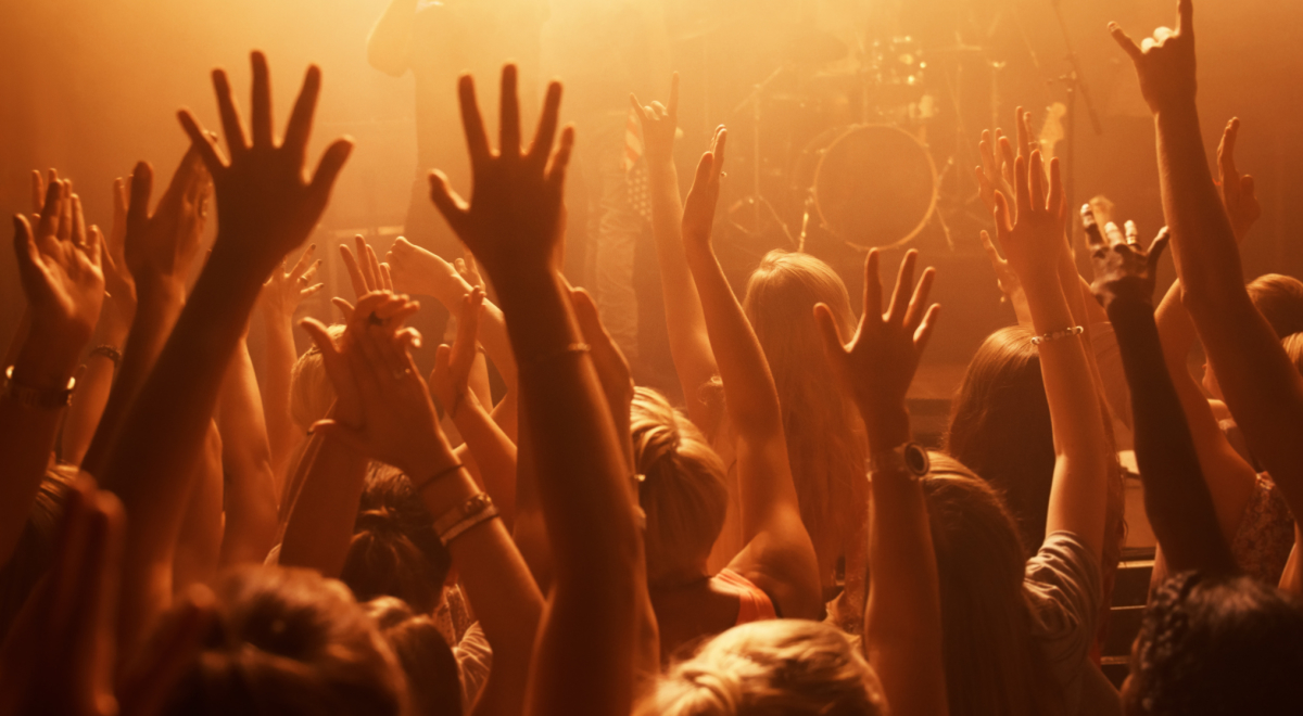 people raising their hand for a punk rock band concert in a moshpit