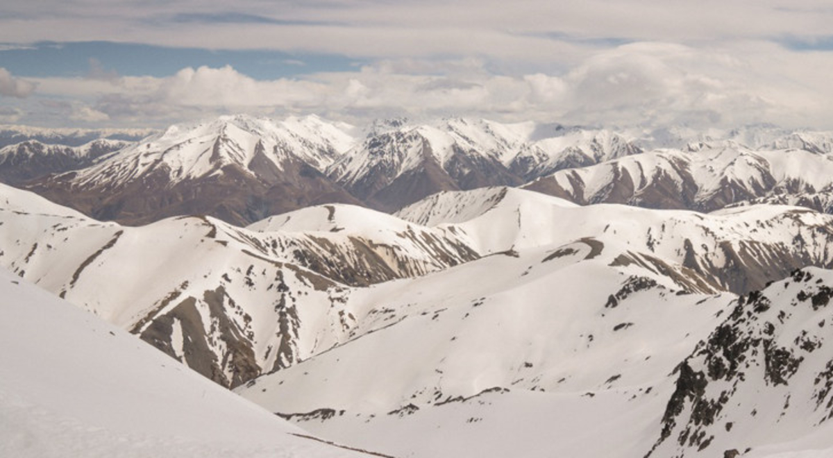 A group of people hiking on a snowy alps