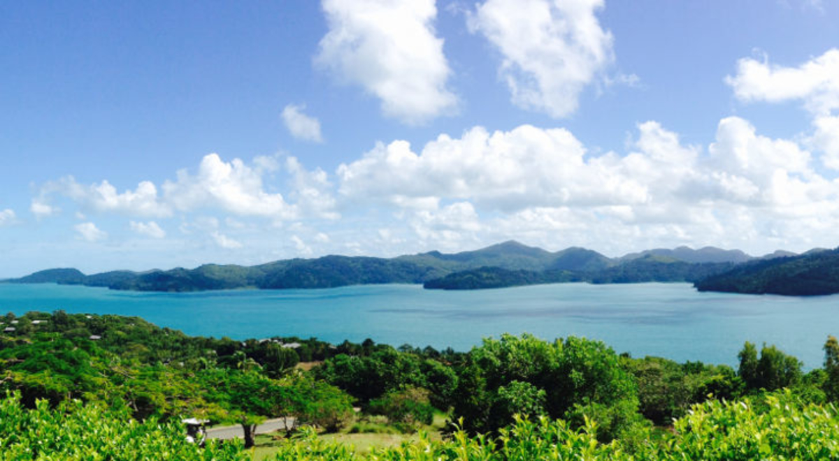 a view with green trees, blue river, mountains, and cloudy skies on a bright day