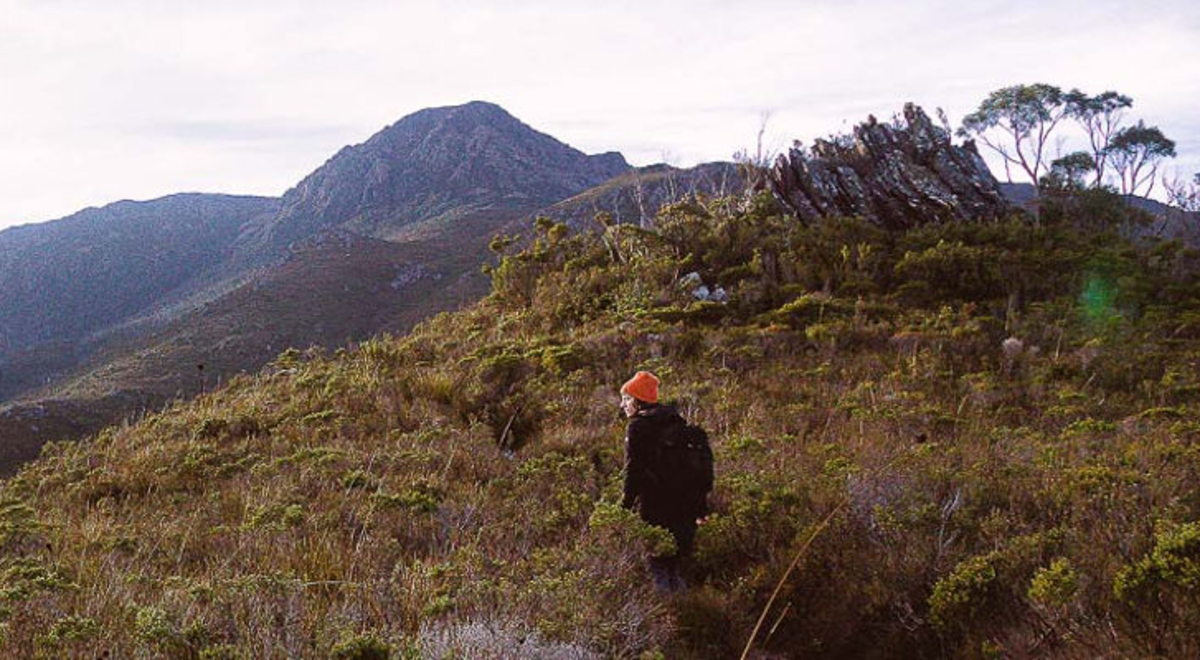 Solo hiker on the mountaintop taking in the scenery