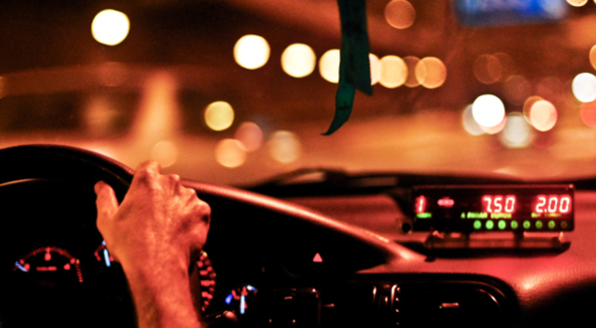 Interior of a taxi at night